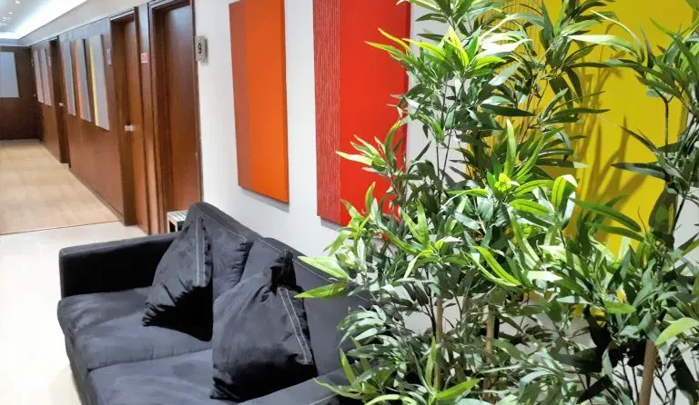 Corredor com quadros laranja e vermelho, sofá e uma planta